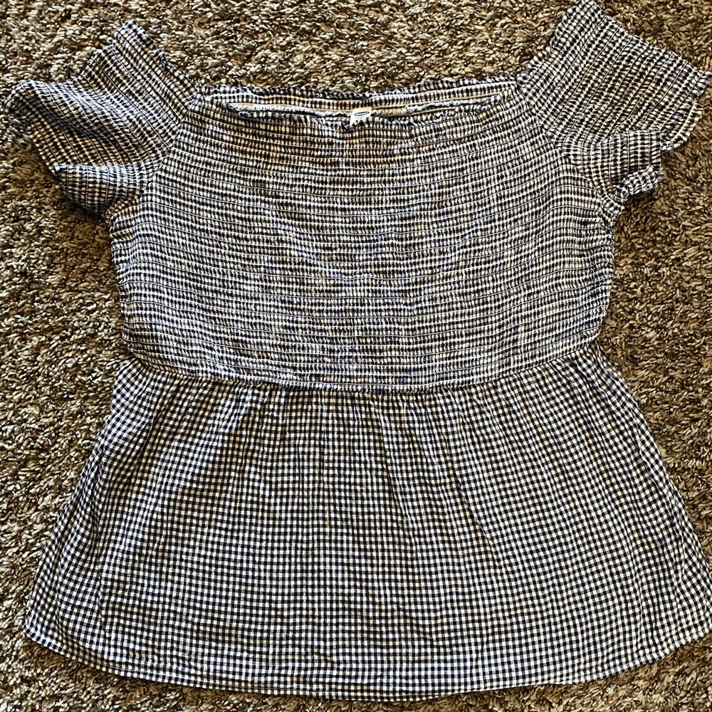 Off the Shoulder Navy and Plaid Top